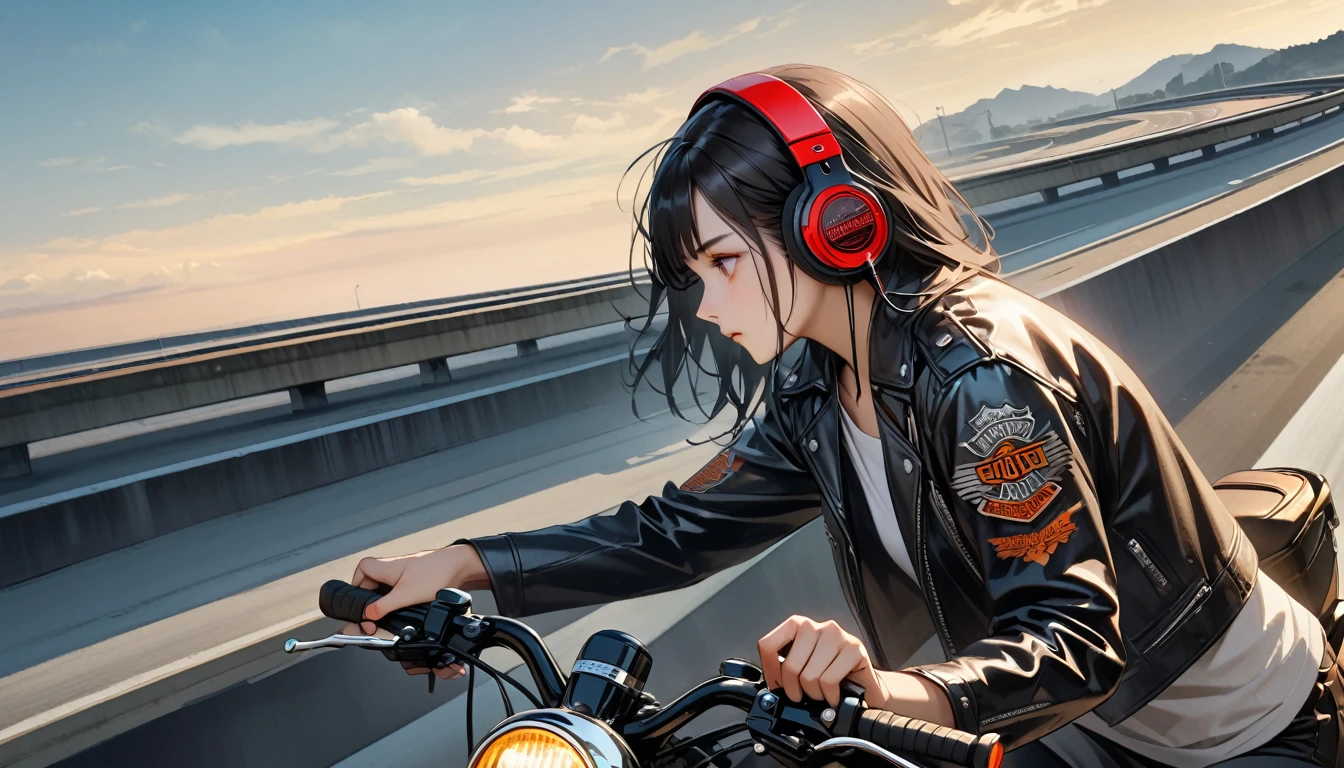 ((8k of extremely detailed CG unit, Masterpiece, high resolution, highest quality, highest quality real texture skin)), (((profile))), (((Japanese pattern leather jacket))), (((Harley-Davidson))), (((Japanese style headphones))), (((sunglasses))), (((The right hand is holding the right handle and the left hand is holding the left handle))), (((Driving a motorcycle))), (((Japanese patterned helmet))), ((1 girl)), (Black hair, messy hair, beige skin), (surreal, digital painting), (((Upper Body))), (((Expressway)))