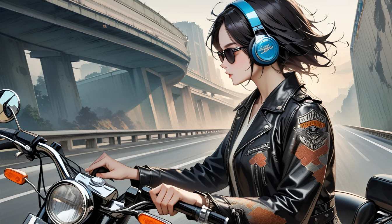 ((8k of extremely detailed CG unit, Masterpiece, high resolution, highest quality, highest quality real texture skin)), (((profile))), (((Japanese pattern leather jacket))), (((Harley-Davidson))), (((Japanese style headphones))), (((sunglasses))), (((The right hand is holding the right handle and the left hand is holding the left handle))), (((Driving a motorcycle))), (((Japanese patterned helmet))), ((1 girl)), (Black hair, messy hair, beige skin), (surreal, digital painting), (((Upper Body))), (((Expressway)))
