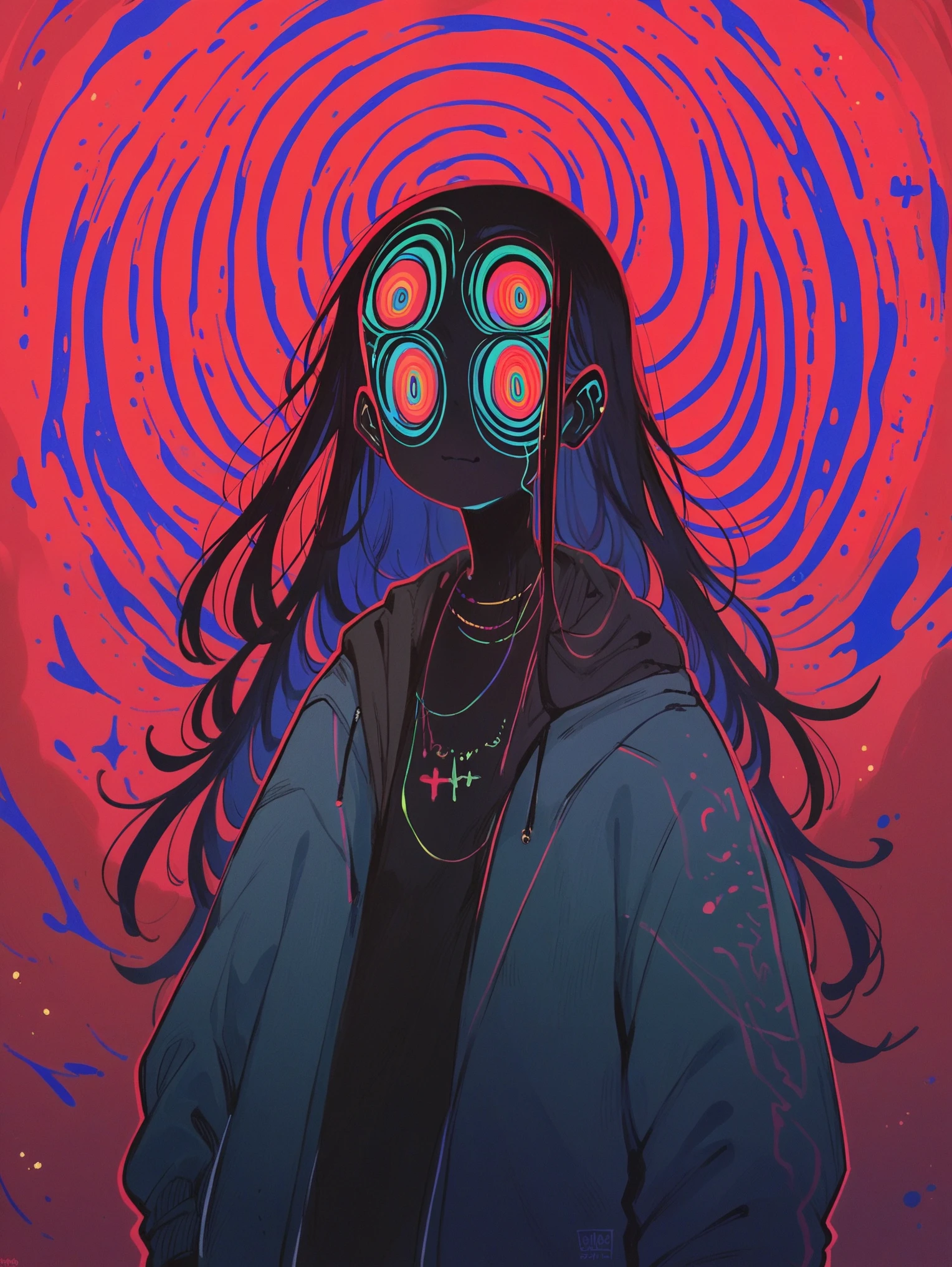 score_9, score_8_up, score_7_up, score_6_up, score_5_up, score_4_up, f3nn3r, 1girl, colourful, pink, blue, black, red, trippy