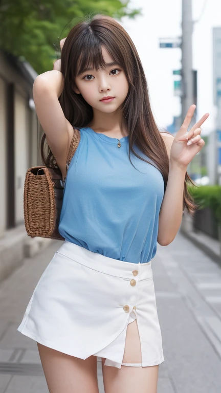 ((SFW: 1.4)), (girl)), Ultra-high resolution, (Realistic: 1.4), RAW Photos, Highest quality, (PhotoRealistic Stick), concentrated, Soft Light, (()), ((Japanese)), (( (Young Face))), (surface), (Written boundary depth), masterpiece, (Realistic), woman, bangs, ((1 girl))、(((Model-like style、Thighs、shin、Full body portrait)))、Handbags))、((((Mr.々Fashion、Summer clothes、Mr.々A pose、A thin miniskirt that's too short))))、(((Find someone you like and smile)))、(((The background is a forest)))、(((No sleeve、Beautiful legs、Black Pantyhose)))