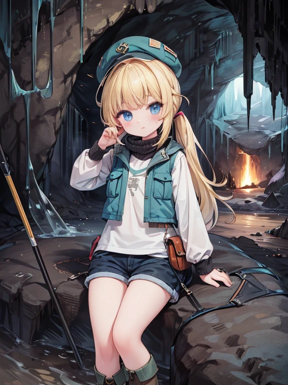 masterpiece, Highest quality, Very detailed, 16K, Ultra-high resolution、, Perfect Fingers, Detailed face, blue eyes, Blonde, ponytail, Expedition clothing, A vest with many pockets, Shorts, thick soled boots, Safari Hat, (Inside the cave:1.5), (dark:1.5), lanthanum, explore
