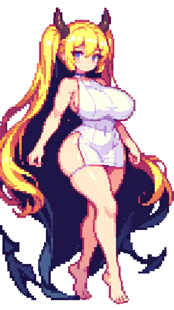 {{big legs}},devil,barefoot,{{lift one leg}},{{very muscular}},{{very gigantic breasts}} ,{{very curvy}} , ,masterpiece , best quality , pixel art , 1 girl ,{full body},  voluptuous ,twintails,blonde hair ,white dress,white background 