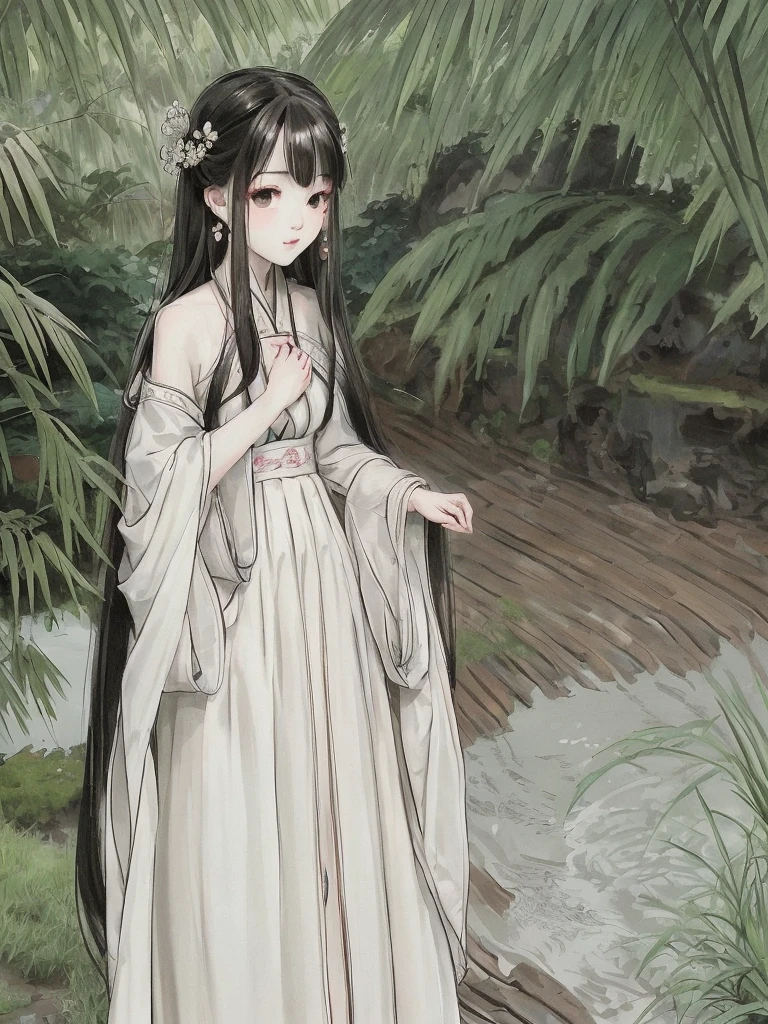 White long skirt,Chinese style,masterpiece, best quality, Official Art, 8k wallpaper, Very detailed, illustration, 1 girl, Black Hair, Long hair, Delicate eyes, bamboo forest, Bare shoulders, lake, pure, Gentle smile,In a wheelchair