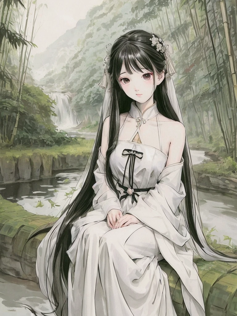 White long skirt,Chinese style,masterpiece, best quality, Official Art, 8k wallpaper, Very detailed, illustration, 1 girl, Black Hair, Long hair, Delicate eyes, bamboo forest, Bare shoulders, lake, pure, Gentle smile,In a wheelchair