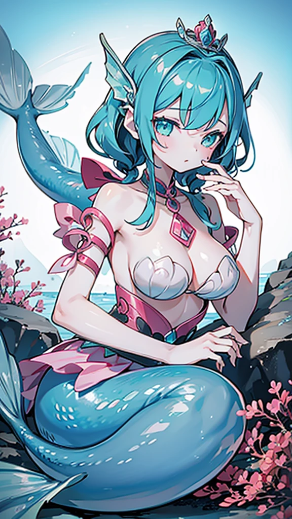 Mermaid,Mermaid,Mermaid女孩,Mermaid尾巴,Bodysuit style,Scale style,Underwater background,Underwater background,Seabed background,Coral shells background,Background in sea water,pink与紫色的鳞片,pink色调,fin,身上长着fin,Girl with fish tail,pink与紫色,Powder blue scales,cute,cute,cute,crown,Armor,Armor,pink,pink鳞片,Close-up above the waist镜头,Close-up above the waist,Upper body close-up,Giant fish tail