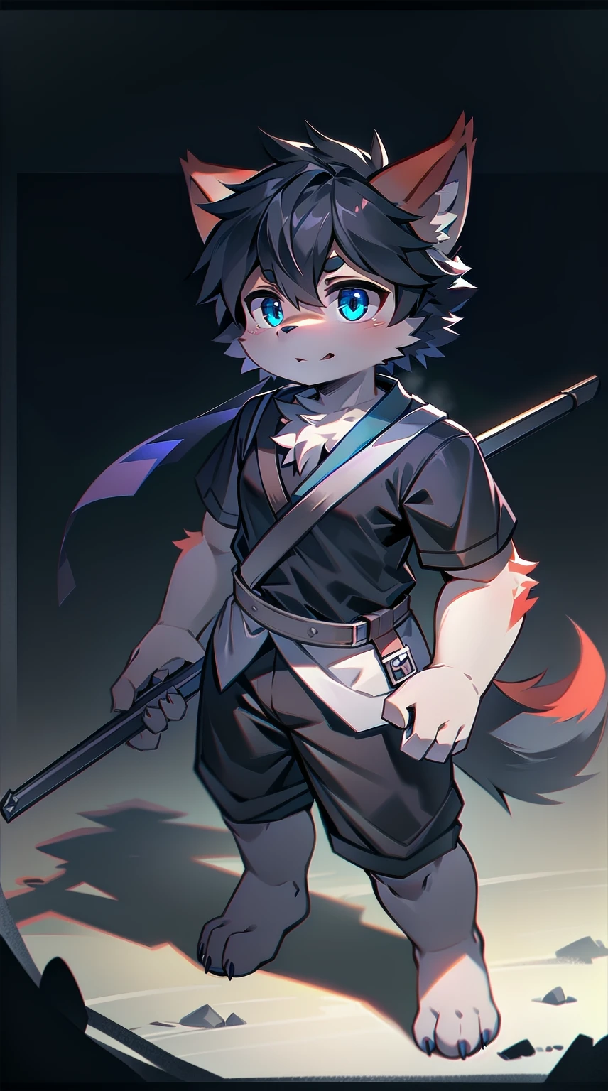White Wolf,black hair,Sky blue eyes,hairy,Wolf ears,Wolf tail,Full body portrait,The character is in the center of the frame,Handsome,Confident eye***but,juvenile,Black and white combat uniform,Red neck bib,Black shorts,Short sleeve,hairy arms and legs,Dark background,Dark battlefield,dawn,sunrise,dawn,illumination,shadow,Swordsman,Scabbard and Hold the hilt of a in your hand,The scabbard is at the waist,Highest quality
