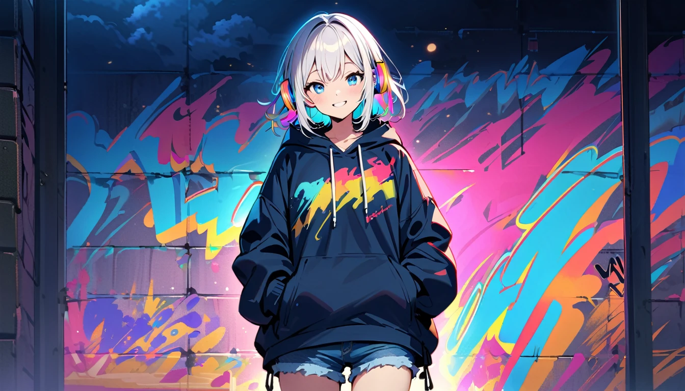 HD 8K Handsome cute, Solitary, 1 female, Medium Length Hair, white hair, Rainbow hair, blue Eyes, Rainbow headphone, hoodie, colored hoodie, denim shorts, Human focus, outdoor, in the night, White clouds, graffiti wall, big smile,