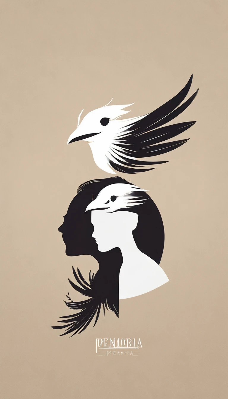 A minimal, modern, simple, cinematic logo design e of a boy with a head full of feathers for the brand “Penamemoria" .