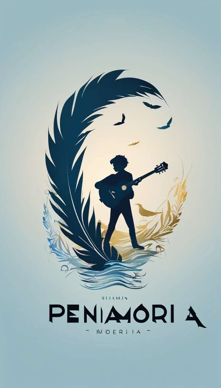 A minimal, modern, simple, cinematic logo design for the brand “Penamemoria". The logo design must be a simple, silhouette of a boy, standing up, playing acoustic guitar and fantasy feather by his side. The logo must convey a sense of music, stories, memories and dreams. Logo design impressed on a book cover. Minimalistic logo. Light blue, white and soft golden as colors for the logo design