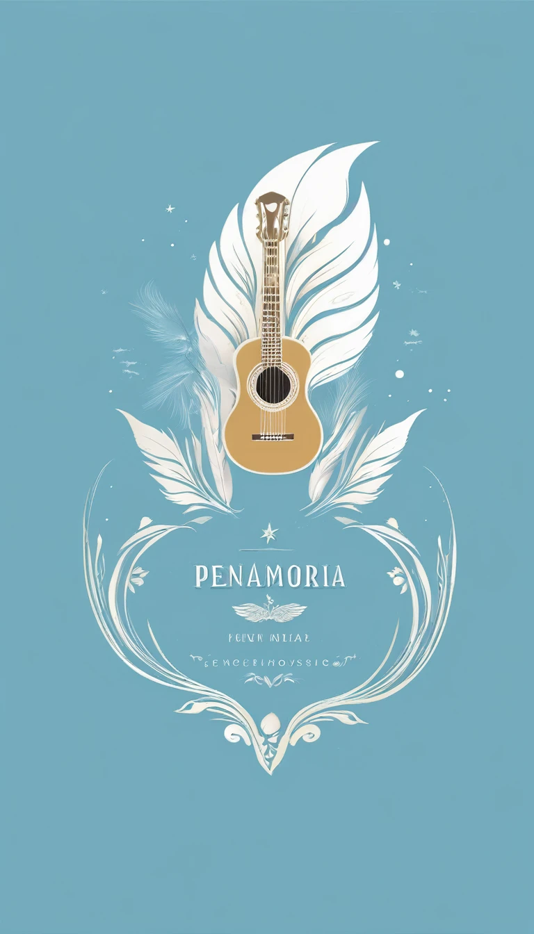 A minimal, modern, simple, cinematic logo design for the brand “Penamemoria". The logo design must be a simple, silhouette of a boy, standing up, playing acoustic guitar and fantasy feather by his side. The logo must convey a sense of music, stories, memories and dreams. Logo design impressed on a book cover. Minimalistic logo. Light blue, white and soft golden as colors for the logo design