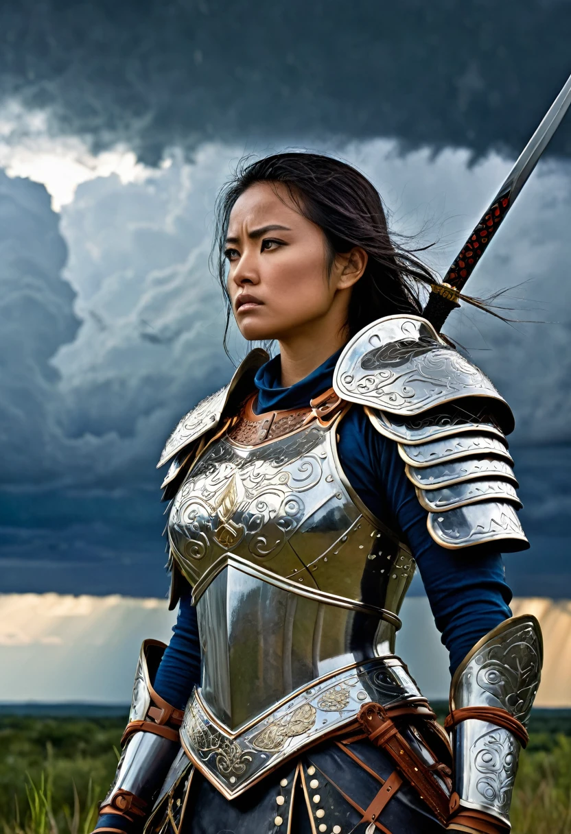 Manono, the legendary female warrior, stands tall amidst a stormy sky, her armor glistening with raindrops. Her sword, adorned with intricate designs, shines brightly as she gazes out at the horizon, her fierce determination and unwavering strength radiating from her very presence. Capture her in a moment of quiet contemplation, as if she is reflecting on her next battle, her eyes fixed on the distant horizon where the next challenge awaits."
This prompt combines elements of Manono's warrior spirit with a visually striking setting, emphasizing her strength and determination. The stormy sky and raindrops add a sense of drama and intensity, while her contemplative gaze creates a sense of depth and introspection. This image will stand out due to its unique blend of action, emotion, and atmosphere
