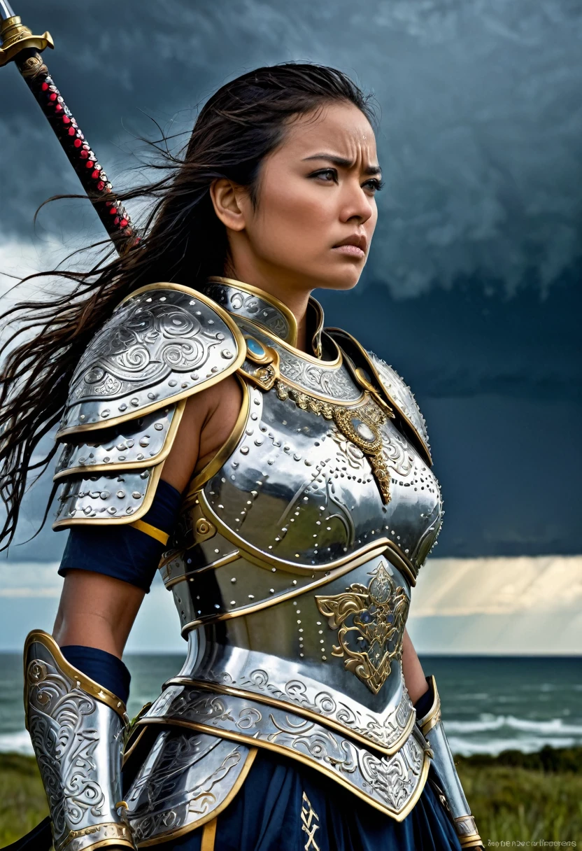 Manono, the legendary female warrior, stands tall amidst a stormy sky, her armor glistening with raindrops. Her sword, adorned with intricate designs, shines brightly as she gazes out at the horizon, her fierce determination and unwavering strength radiating from her very presence. Capture her in a moment of quiet contemplation, as if she is reflecting on her next battle, her eyes fixed on the distant horizon where the next challenge awaits."
This prompt combines elements of Manono's warrior spirit with a visually striking setting, emphasizing her strength and determination. The stormy sky and raindrops add a sense of drama and intensity, while her contemplative gaze creates a sense of depth and introspection. This image will stand out due to its unique blend of action, emotion, and atmosphere