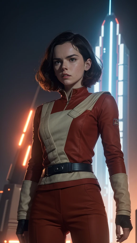 In the new episodes of the 1983 series V: The Original Miniseries, Daisy Ridley with the face of Rey Skywalker wears Commander Diana's red uniform, on top of a building at night, with a large spaceship with many lights, in the shape of an Ovini, behind above her