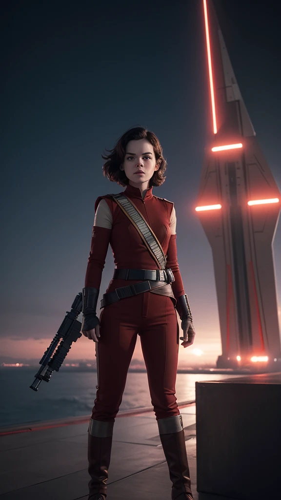 In the new episodes of the 1983 series V: The Original Miniseries, Daisy Ridley with the face of Rey Skywalker wears Commander Diana's red uniform, on top of a building at night, with a large spaceship with many lights, in the shape of an Ovini, behind above her