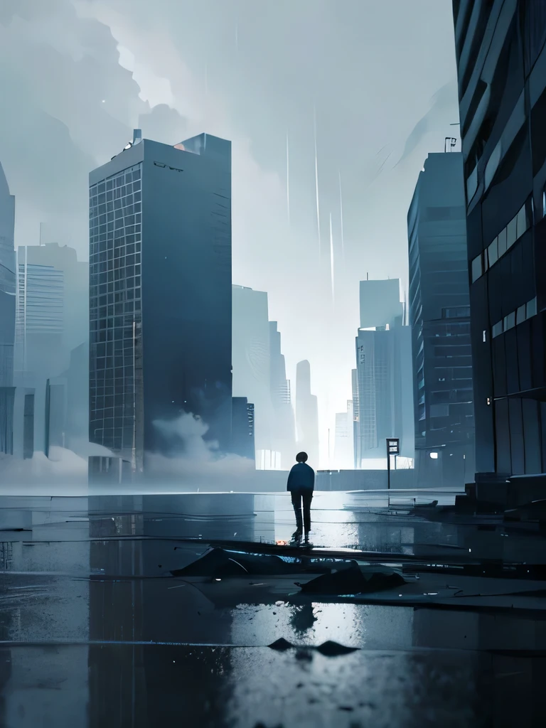 Mist,night,rain,Sky,Dynamic composition,Ultra Dynamic Angle,man,Gray suit,Back,sad,pain,Black short hair,Close your eyes