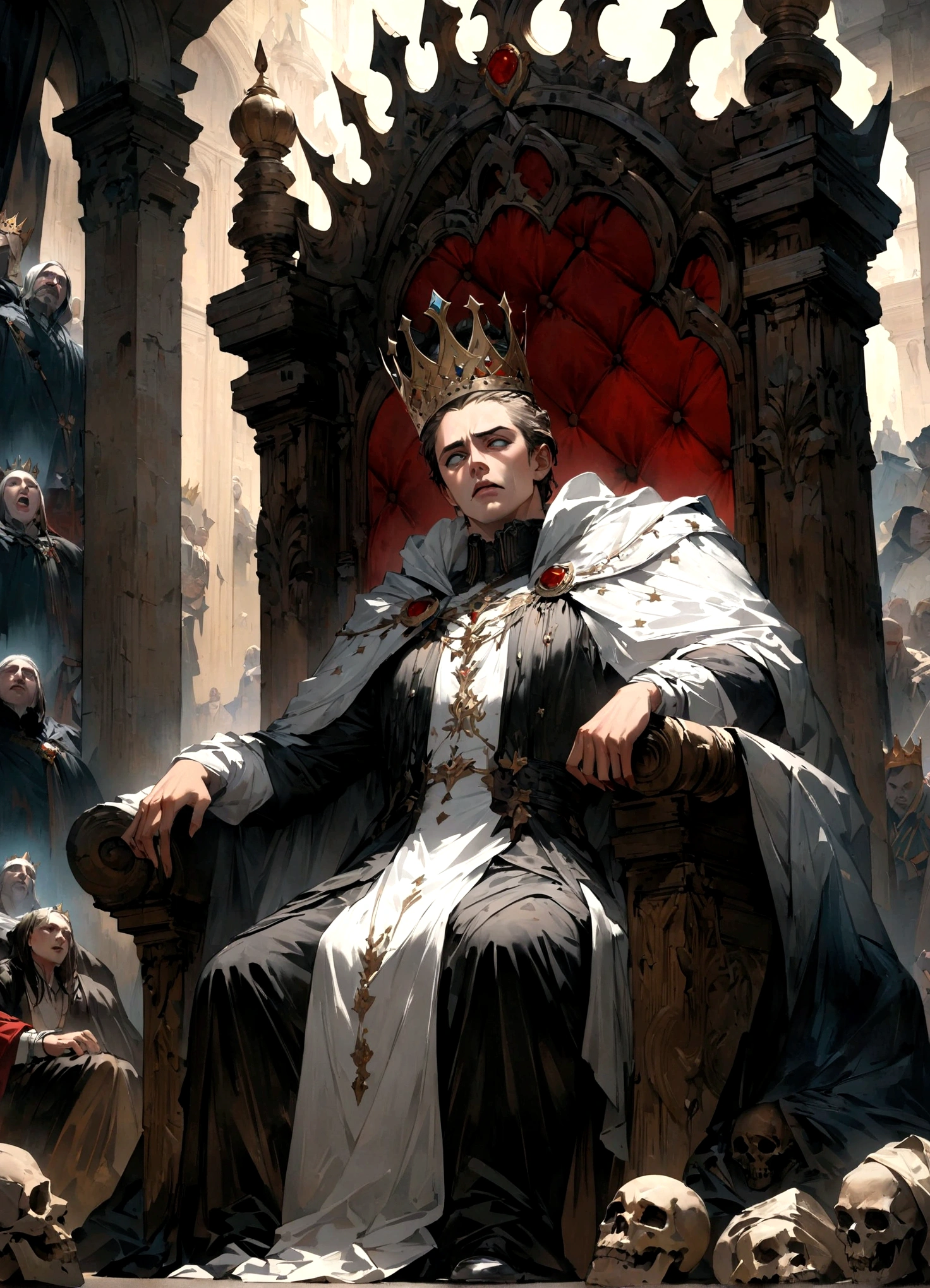 A painting depicting a king sitting on a throne,Composition seen from below,Subjects prostrating,A king with absolute power who looks down on his subjects,There is a distance between the king's throne and his subjects.,the king is a newly crowned man,He wears clothes and a cloak befitting a king.,crown,I rest my chin on the armrest of the throne.,He is a cruel king who doesn't treat people as people.,A painting depicting an era in history,paint with oil paint,(masterpiece:1.3),(highest quality:1.4),(ultra detailed:1.5),High resolution,extremely detailed,unity 8k wallpaper,decadent,dark fantasy,horror style,fear,awe,feeling of pressure