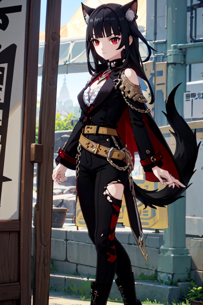 ultra detailed, masterpiece, best quality, solo, 1girl, red eyes, (tsurime:1.2), blunt bangs, black hair, long hair, straight hair, shoulder-length hair, female focus, coat, shirt, pants, studded belt, multiple belts, combat boots, torn clothes, necklace, black cape, black and red theme, popped up collar, puppy ears, dog tail, curled tail