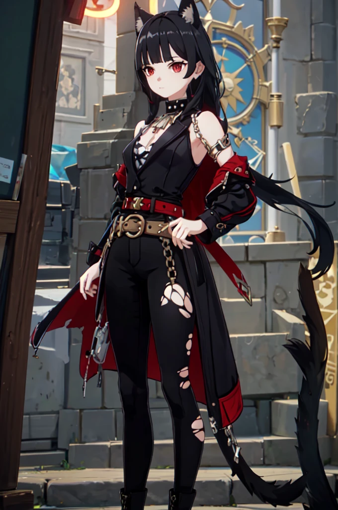 ultra detailed, masterpiece, best quality, solo, 1girl, red eyes, (tsurime:1.2), blunt bangs, black hair, long hair, straight hair, shoulder-length hair, female focus, coat, shirt, pants, studded belt, multiple belts, combat boots, torn clothes, necklace, black cape, black and red theme, popped up collar, puppy ears, dog tail, curled tail