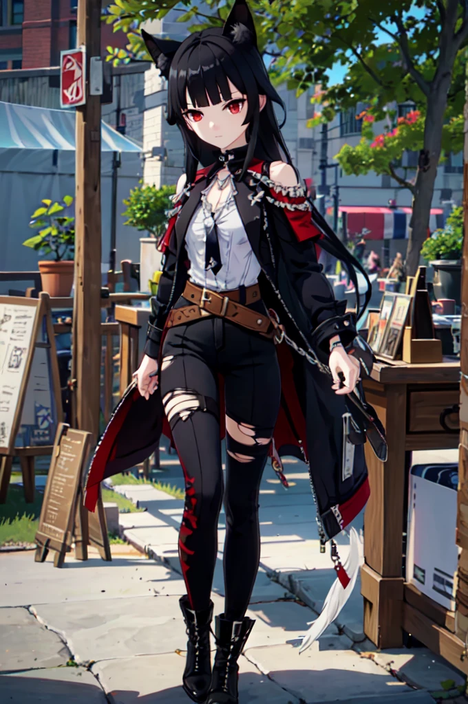 ultra detailed, masterpiece, best quality, solo, 1girl, red eyes, (tsurime:1.2), blunt bangs, black hair, long hair, straight hair, shoulder-length hair, female focus, coat, shirt, pants, studded belt, multiple belts, combat boots, torn clothes, necklace, black cape, black and red theme, popped up collar, puppy ears, dog tail, curled tail