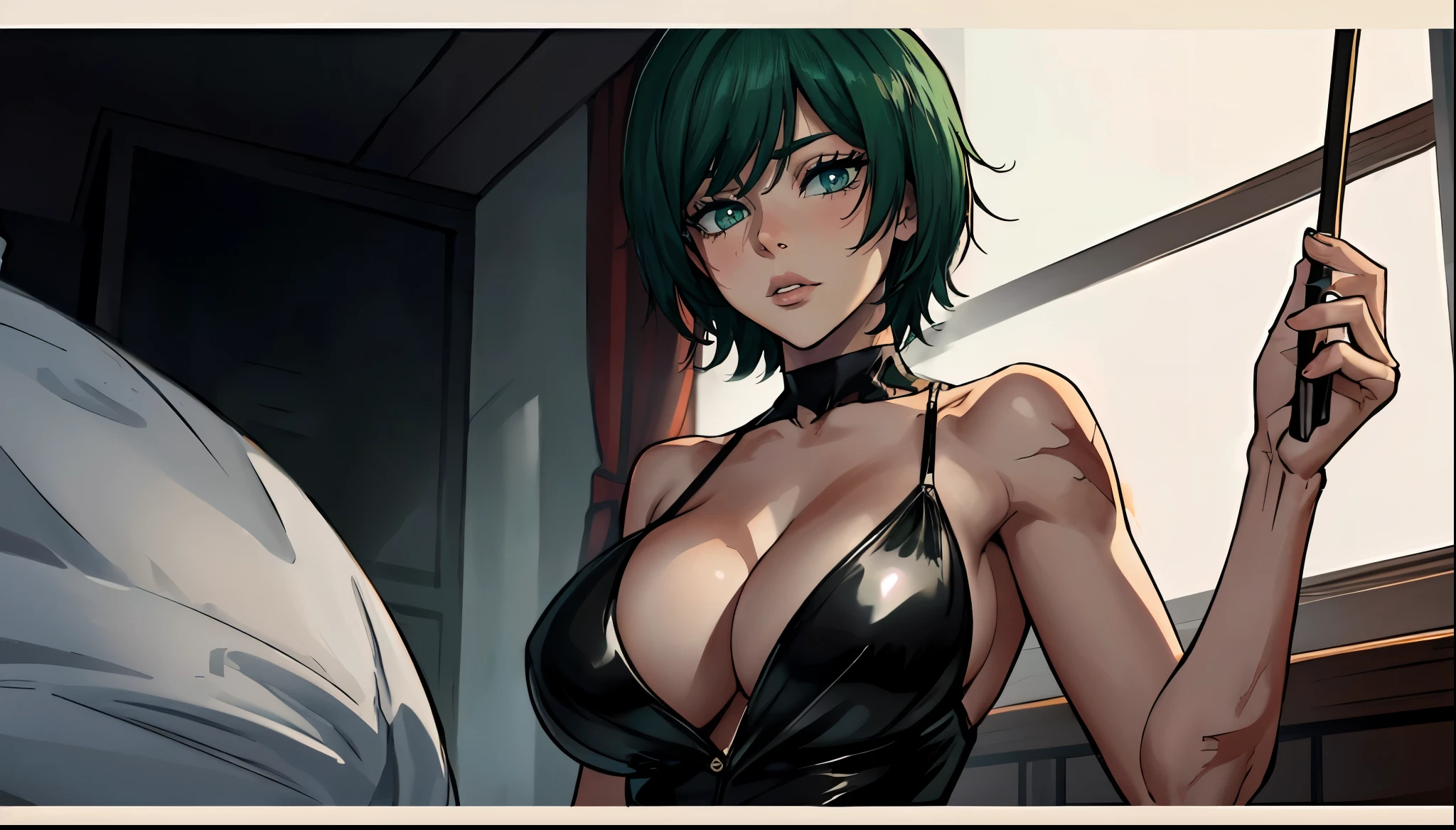 (masterpiece:1.2, best quality:1.2, beautiful, high quality, highres:1.1), detailed, short hair, short fluffy hair, short green hair, extremely detailed 4K, perfect eyes, perfect face, revealing, scar on body, circle glasses, Maki Zenin LoRA, perfect lighting, (1girl, solo, adult female, showing cleavage, mature female), thin, lithe body, Maki Zenin, green hair, glasses, (big breasts), ((sensual seductive))