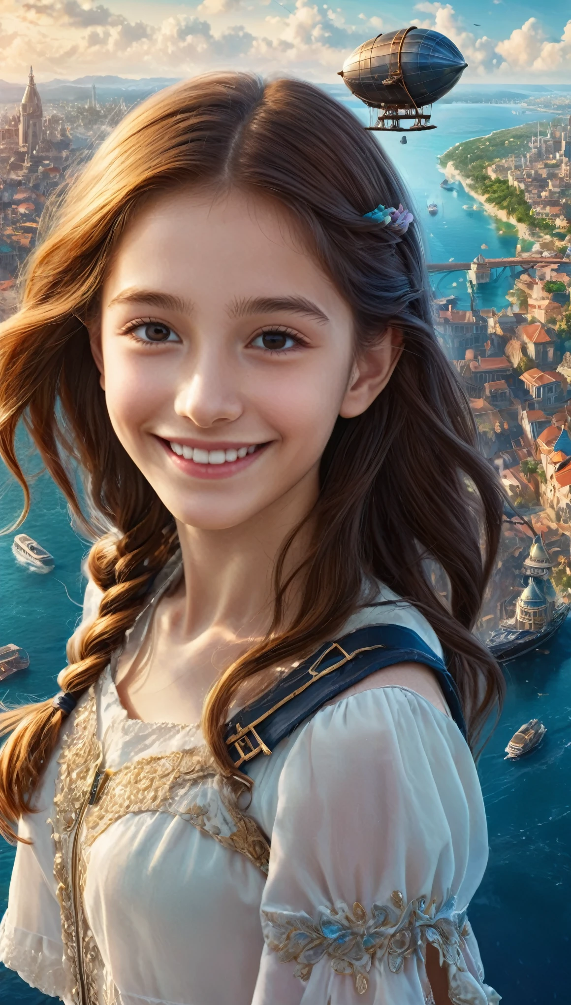 Many islands are floating in the air, A small airship is flying around, City, Fantasy, Extreme Detail, Realistic Light, A magnificent composition, (Intricate details), (Intricate Design, Super detailed :1.2), Art Station, (masterpiece, Highest quality), Ultra HD, 32K (Close-up portrait of yo beautiful girl is smiling at viewers:1.1)