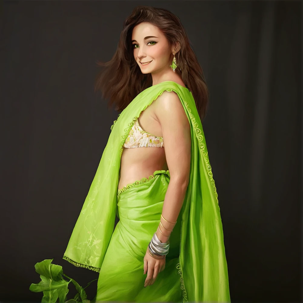A beautiful indian girl,expose cleavage, smiling,looking sexy,backlift are sexy,large hips,sexy armpit,looking cute,green saree,brwon hair ,big hands