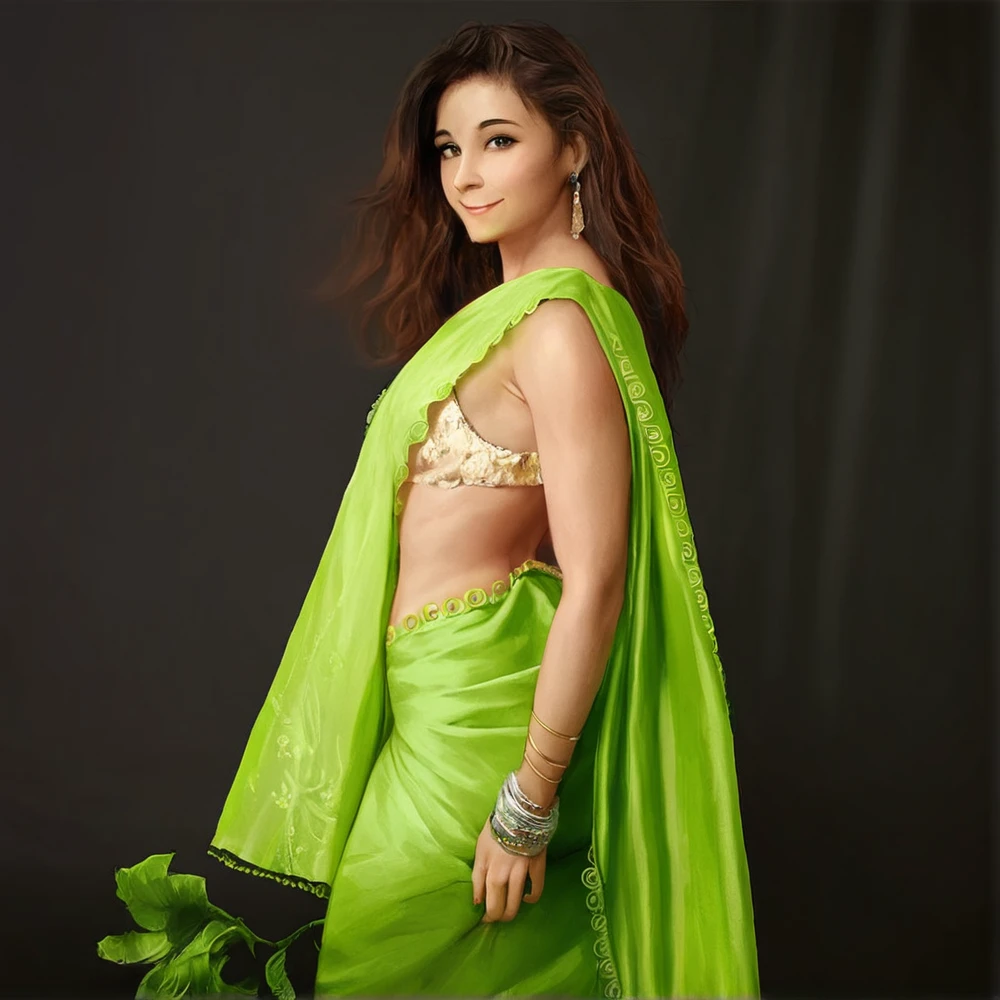 A beautiful indian girl,expose cleavage, smiling,looking sexy,backlift are sexy,large hips,sexy armpit,looking cute,green saree,brwon hair ,big hands