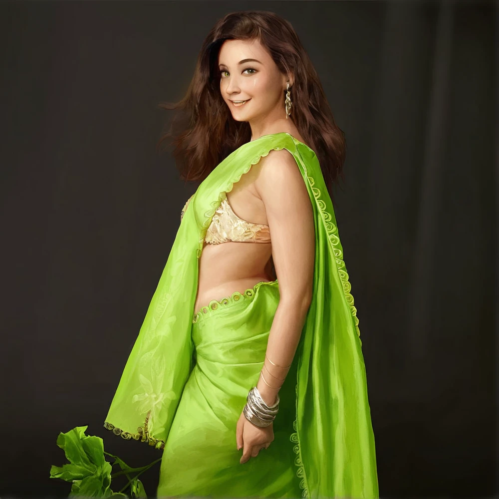 A beautiful indian girl,expose cleavage, smiling,looking sexy,backlift are sexy,large hips,sexy armpit,looking cute,green saree,brwon hair ,big hands