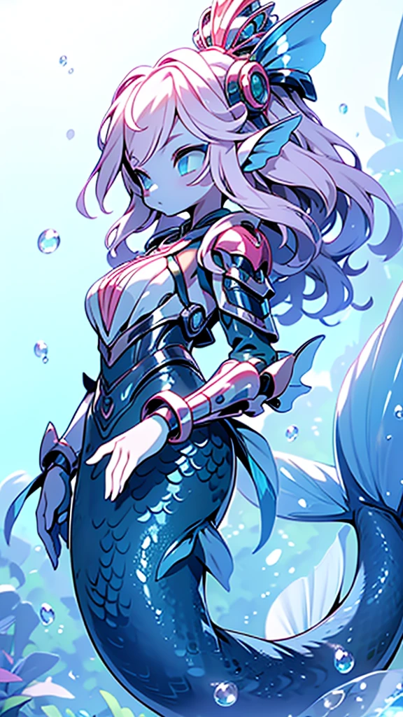 Mermaid，Mermaid，Mermaid女孩，Mermaid尾巴，Bodysuit style，Scale style，Underwater background，Underwater background，Seabed background，Coral shells background，Background in sea water，pink与紫色的鳞片，pink色调，fin，身上长着fin，Girl with fish tail，pink与紫色，Powder blue scales，cute，cute，cute，crown，Armor，Armor，pink，pink鳞片，Close-up above the waist镜头，Close-up above the waist，Upper body close-up，Giant fish tail