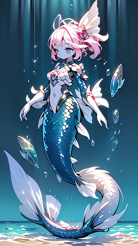 Mermaid，Mermaid，Mermaid女孩，Mermaid尾巴，Bodysuit style，Scale style，Underwater background，Underwater background，Seabed background，Coral shells background，Background in sea water，pink与紫色的鳞片，pink色调，fin，身上长着fin，Girl with fish tail，pink与紫色，Powder blue scales，cute，cute，cute，crown，Armor，Armor，pink，pink鳞片，Close-up above the waist镜头，Close-up above the waist，Upper body close-up，Giant fish tail