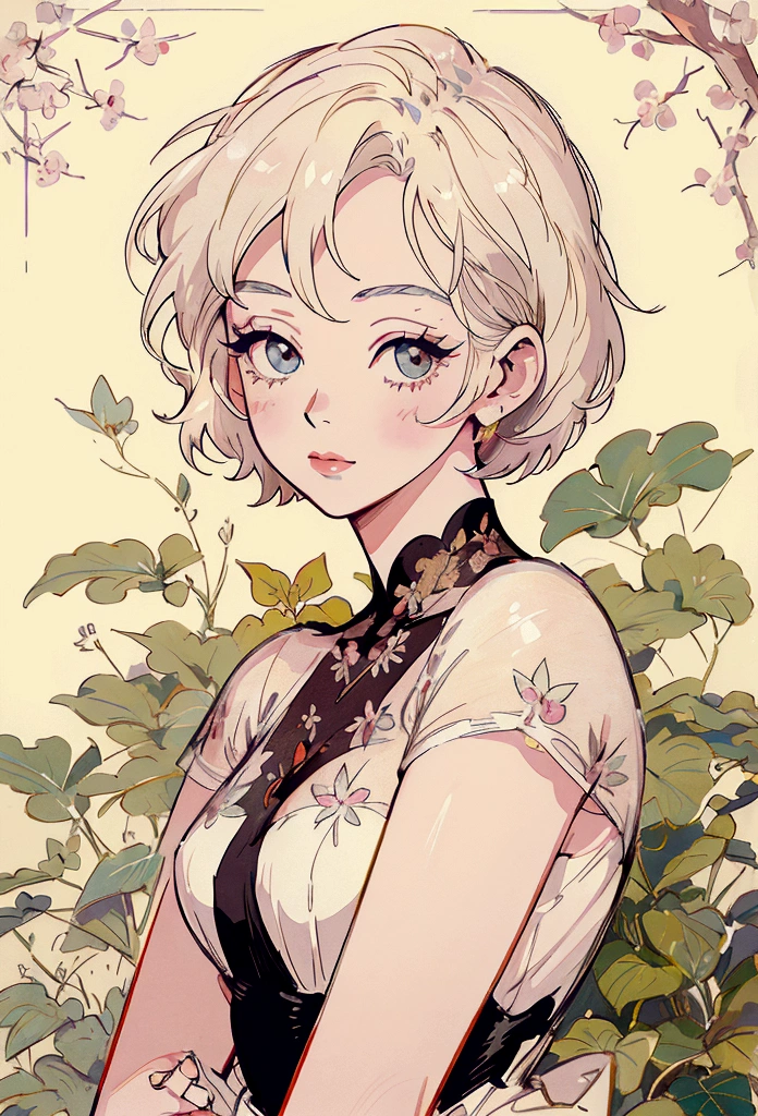 Marilyn Monroe, Anime Style, Short Hair, Platinum Blonde, She is wearing a beautiful embroidered silk dress., Gentle expression, Elegant, Ultra-detailed botanical references, Line Designer, Digital Illustration, Maximalist Botany, beautifully、Aesthetically beautiful illustration masterpiece, Topaz AI Post Editing