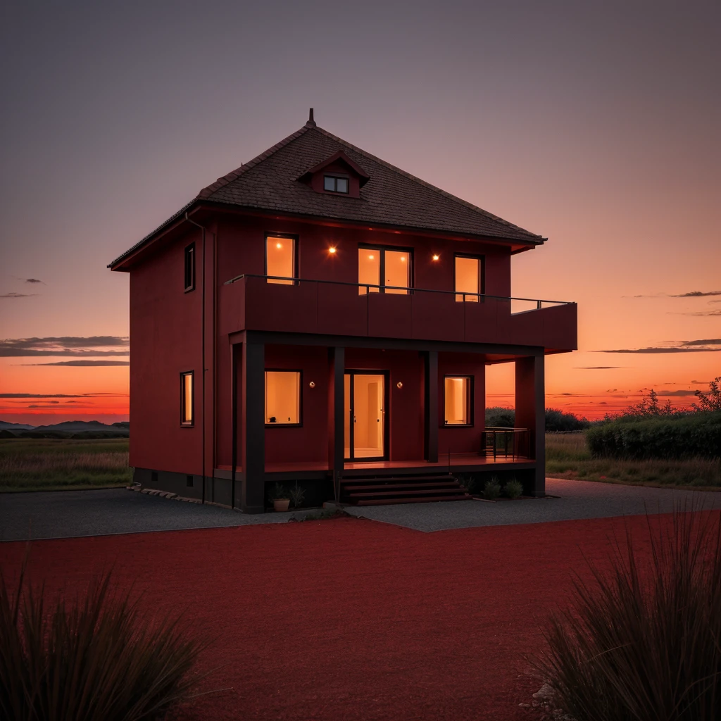 A calm simple house in the night, red colour blend, red sky