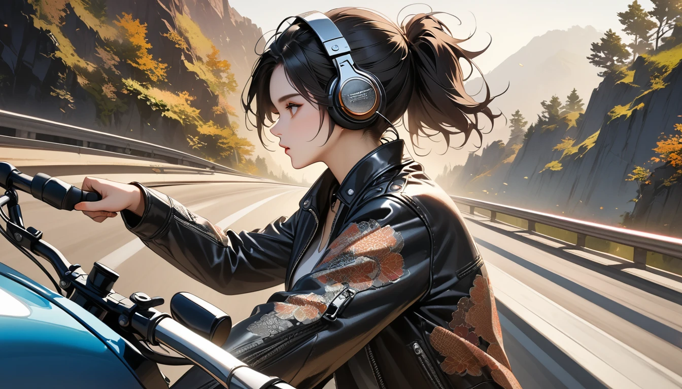 ((8k of extremely detailed CG unit, Masterpiece, high resolution, highest quality, highest quality real texture skin)), (((profile))), (((Japanese pattern leather jacket))), (((Harley-Davidson))), (((Japanese style headphones))), (((sunglasses))), (((The right hand is holding the right handle and the left hand is holding the left handle))), (((Driving a motorcycle))), (((Japanese patterned helmet))), ((1 girl)), (Black hair, messy hair, beige skin), (surreal, digital painting), (((Upper Body))), (((Driving on the highway)))