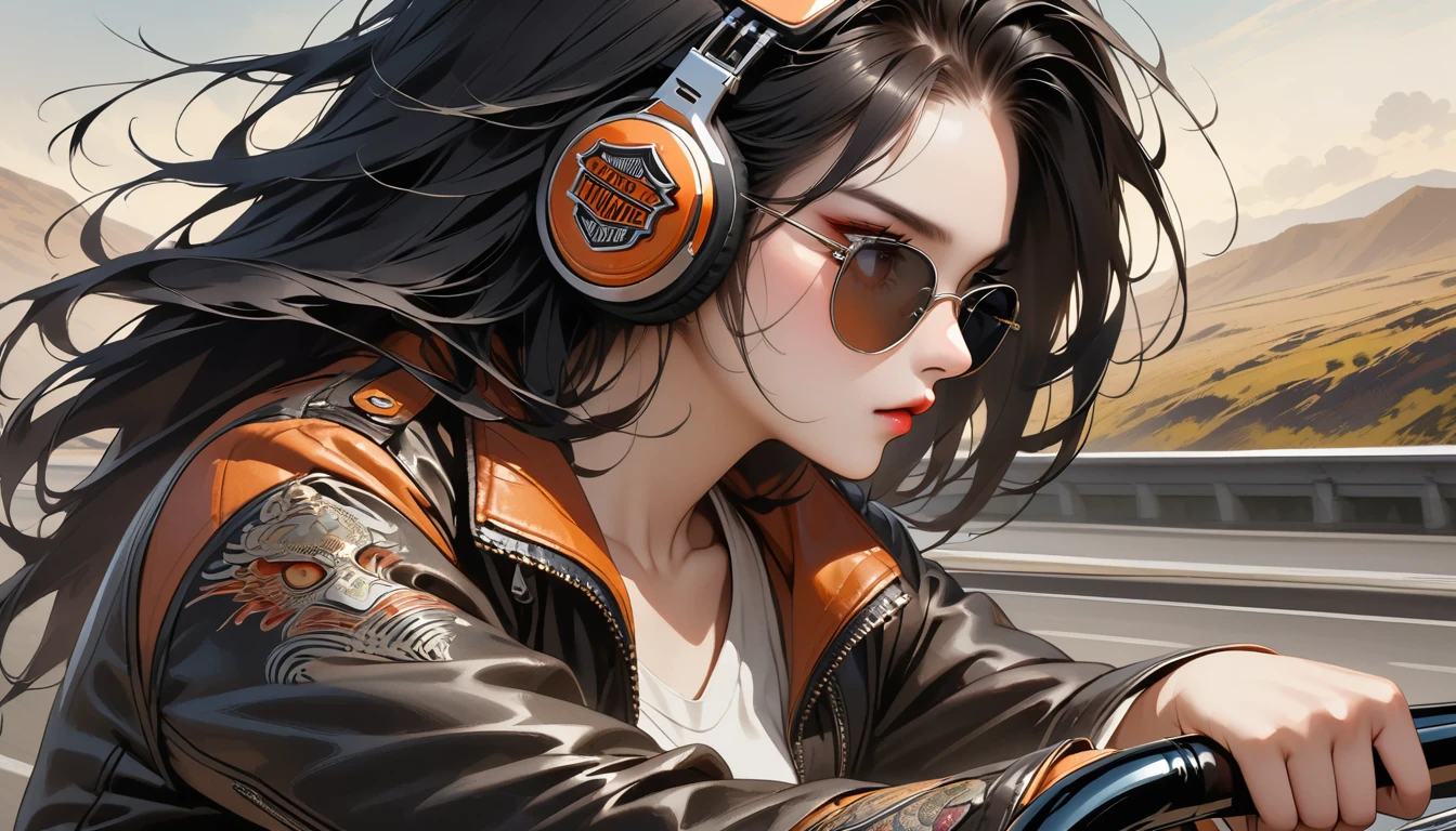 ((8k of extremely detailed CG unit, Masterpiece, high resolution, highest quality, highest quality real texture skin)), (((profile))), (((Japanese pattern leather jacket))), (((Harley-Davidson))), (((Japanese style headphones))), (((sunglasses))), (((The right hand is holding the right handle and the left hand is holding the left handle))), (((Driving a motorcycle))), (((Japanese patterned helmet))), ((1 girl)), (Black hair, messy hair, beige skin), (surreal, digital painting), (((Upper Body))), (((Driving on the highway)))