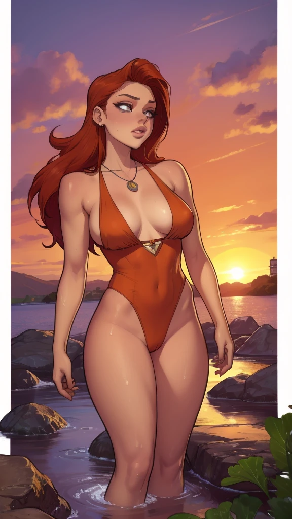 Ariana Grande as starfire orange skin, red hair NSFW, Kale, standing, in a river, Beautiful sunset, dainty, Sweating a close-up of a woman with a necklace around her neck, attractive female face!!!, very beautiful face, very attractive and beautiful, Natalie Dormer, Sydney Sweeney, come corinne, amber ear, holywood actress, Dakota Fanning, with very thin lips, taken at the beginning of 2020, face perfect ), most beautiful woman in the world