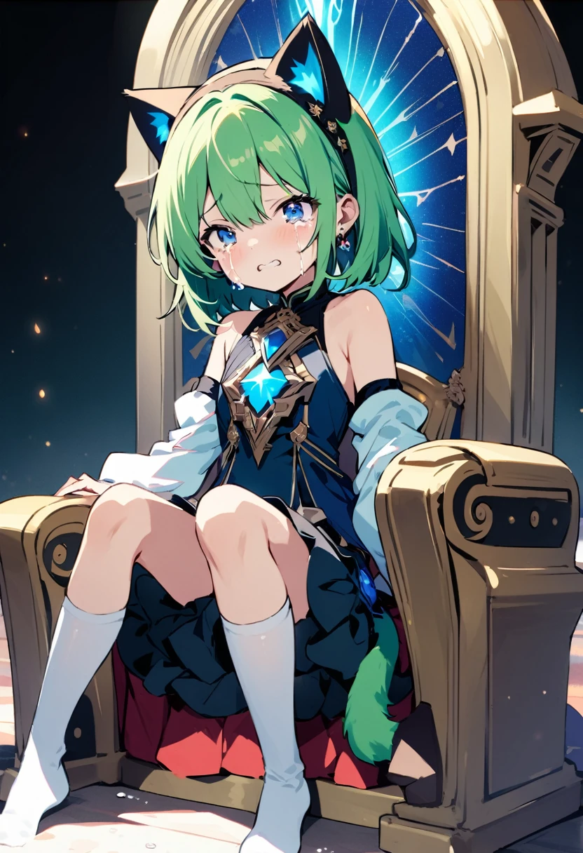masterpiece, Highest quality, Illustration of the novel, High resolution, 18+ Adult content, Sensual, Intimate, Emotional, Passionate, romantic, sweet, Adorable, Innocent, Pure, Fascinating, Fascinatingな, Charm, mysterious, Fascinatingな, Fascinating, Immersive, Fascinatingな, dream-like, Surreal, Imaginative, Whimsical, Artistic, Avant-garde, timeless, elegant, Sophisticated, chic, Sophisticated, personality, original, Fascinatingな,One Girl,Deltamon_beta, alone, blue eyes, Knee socks, Animal ears, Bare shoulders, Blue Tail, Earrings,Removable sleeves, Green Hair, Sleeveless, Cat ear, bag, white Knee socks, Cat&#39;tail,pink backpack,Pink school bag,Lavender lace: Lavender Peter Pan collar lace dress, Paired with ivory tights and Mary Jane shoes.,Cherry-blossom viewing, azalea, satsuki, azalea blizzard,
rest ((Avoidance method ((子Cat)), Crying face)),((Throne of Power,Throne of Power:1.3))