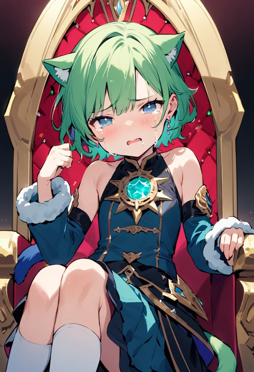 masterpiece, Highest quality, Illustration of the novel, High resolution, 18+ Adult content, Sensual, Intimate, Emotional, Passionate, romantic, sweet, Adorable, Innocent, Pure, Fascinating, Fascinatingな, Charm, mysterious, Fascinatingな, Fascinating, Immersive, Fascinatingな, dream-like, Surreal, Imaginative, Whimsical, Artistic, Avant-garde, timeless, elegant, Sophisticated, chic, Sophisticated, personality, original, Fascinatingな,One Girl,Deltamon_beta, alone, blue eyes, Knee socks, Animal ears, Bare shoulders, Blue Tail, Earrings,Removable sleeves, Green Hair, Sleeveless, Cat ear, bag, white Knee socks, Cat'tail,pink backpack,Pink school bag,Lavender lace: Lavender Peter Pan collar lace dress, Paired with ivory tights and Mary Jane shoes.,Cherry-blossom viewing, azalea, satsuki, azalea blizzard,
rest ((Avoidance method ((子Cat)), Crying face)),((Throne of Power,Throne of Power:1.3))