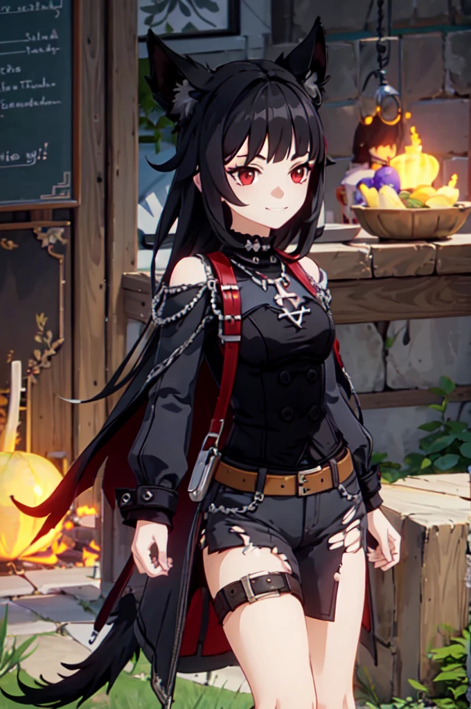 ultra detailed, masterpiece, best quality, solo, 1girl, red eyes, (tsurime:1.2), blunt bangs, black hair, long hair, straight hair, shoulder-length hair, female focus, coat, shirt, pants, studded belt, multiple belts, combat boots, torn clothes, necklace, black cape, black and red theme, popped up collar, puppy ears, dog tail, curled tail, smile