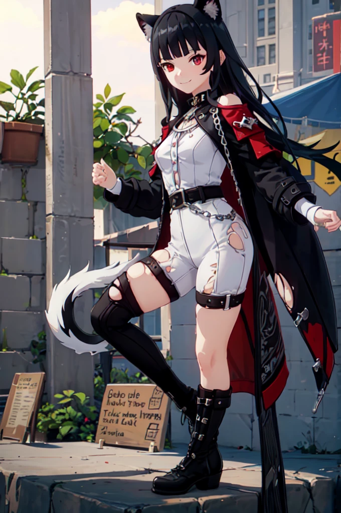 ultra detailed, masterpiece, best quality, solo, 1girl, red eyes, (tsurime:1.2), blunt bangs, black hair, long hair, straight hair, shoulder-length hair, female focus, coat, shirt, pants, studded belt, multiple belts, combat boots, torn clothes, necklace, black cape, black and red theme, popped up collar, puppy ears, dog tail, curled tail, smile