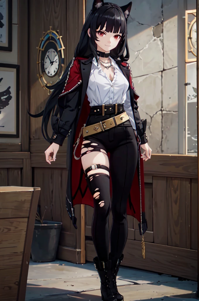 ultra detailed, masterpiece, best quality, solo, 1girl, red eyes, (tsurime:1.2), blunt bangs, black hair, long hair, straight hair, shoulder-length hair, female focus, coat, shirt, pants, studded belt, multiple belts, combat boots, torn clothes, necklace, black cape, black and red theme, popped up collar, puppy ears, dog tail, curled tail, smile