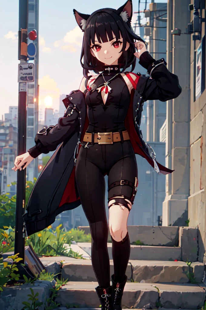 ultra detailed, masterpiece, best quality, solo, 1girl, red eyes, (tsurime:1.2), blunt bangs, black hair, long hair, straight hair, shoulder-length hair, female focus, coat, shirt, pants, studded belt, multiple belts, combat boots, torn clothes, necklace, black cape, black and red theme, popped up collar, puppy ears, dog tail, curled tail, smile