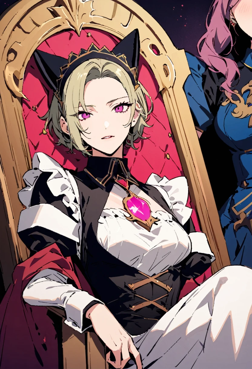 masterpiece, Highest quality, Illustration of the novel, High resolution, 18+ Adult content, Sensual, Intimate, Emotional, Passionate, romantic, sweet, Adorable, Innocent, Pure, Charmな, Charmな, Charm, mysterious, Charmな, Charmな, Immersive, Charmな, dream-like, Surreal, Imaginative, Whimsical, Artistic, Avant-garde, timeless, elegant, Sophisticated, chic, Sophisticated, personality, original, Charmな,((Maid clothes:1.3)),((Throne of Power,Throne of Power:1.3))((Upper Body:1.3))
