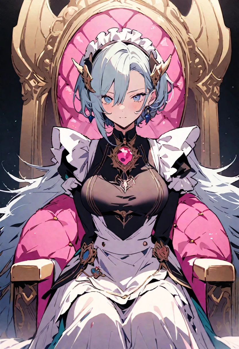 masterpiece, Highest quality, Illustration of the novel, High resolution, 18+ Adult content, Sensual, Intimate, Emotional, Passionate, romantic, sweet, Adorable, Innocent, Pure, Charmな, Charmな, Charm, mysterious, Charmな, Charmな, Immersive, Charmな, dream-like, Surreal, Imaginative, Whimsical, Artistic, Avant-garde, timeless, elegant, Sophisticated, chic, Sophisticated, personality, original, Charmな,((Maid clothes:1.3)),((Throne of Power,Throne of Power:1.3))((Upper Body:1.3))