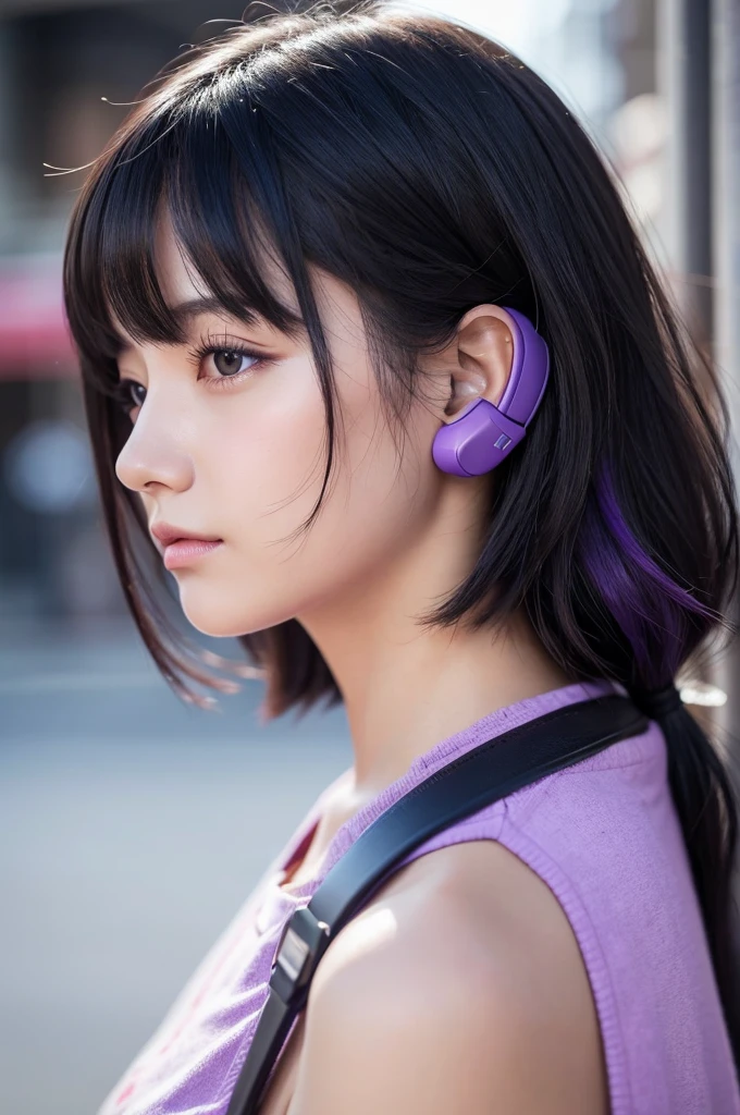 lack of sleep、pretty girl、Bob Hair、Black Hair、Eyes are purple、Wearing headphones