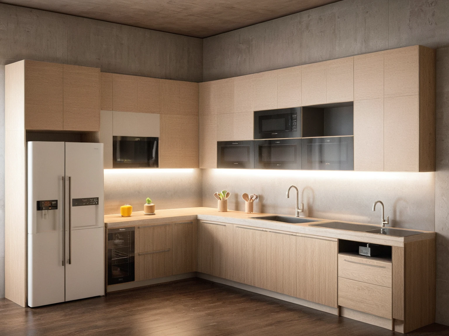 (RAW photo:1) , (masterpiece),(high quality),(realistic), super detailed,a morden kittchen room , a morden kitchen with ,a metal refrigerator and sink , and a microwave and dishwasher, wooden floor
