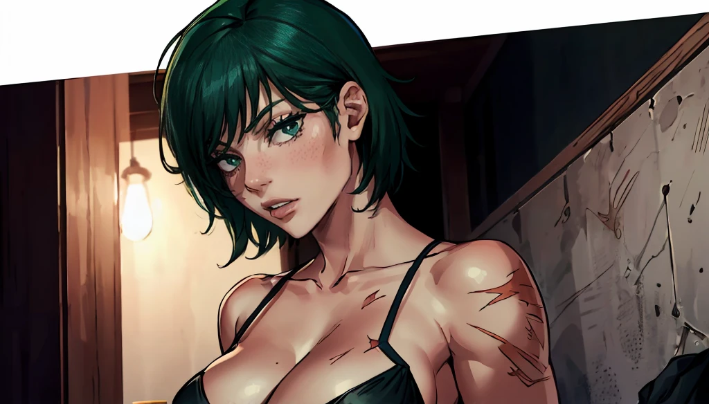 (masterpiece:1.2, best quality:1.2, beautiful, high quality, highres:1.1), detailed, short hair, short fluffy hair, short green hair, extremely detailed 4K, perfect eyes, perfect face, revealing, scar on body, circle glasses, Maki Zenin LoRA, perfect lighting, slightly showing breasts, tease, nsfw, (1girl, solo, adult female, showing cleavage, mature female), thin, lithe body, Maki Zenin, green hair, glasses, (medium breasts), ((sensual seductive))