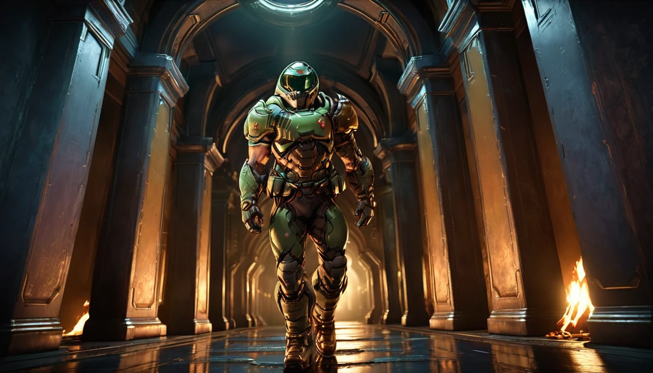 a doom guy walking through a dimly lit corridor, a single light illuminating every 5 meters, a brightly lit portal at the end of the corridor, realistic corridor, realistic lighting, doom game art style, intricate details, cinematic lighting, chiaroscuro, moody atmosphere, dramatic shadows, highly detailed, cinematic composition, hyperrealistic, 8k, photorealistic, masterpiece