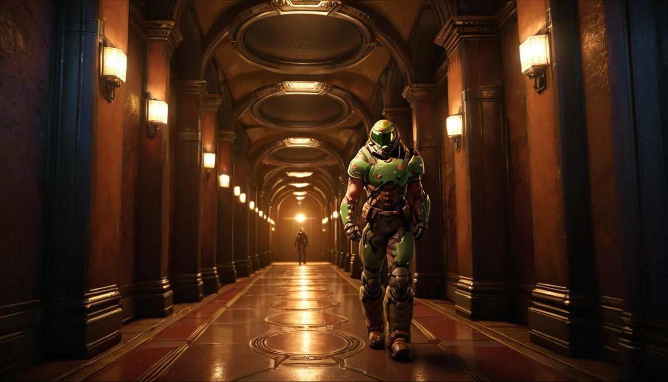 a doom guy walking through a dimly lit corridor, a single light illuminating every 5 meters, a brightly lit portal at the end of the corridor, realistic corridor, realistic lighting, doom game art style, intricate details, cinematic lighting, chiaroscuro, moody atmosphere, dramatic shadows, highly detailed, cinematic composition, hyperrealistic, 8k, photorealistic, masterpiece