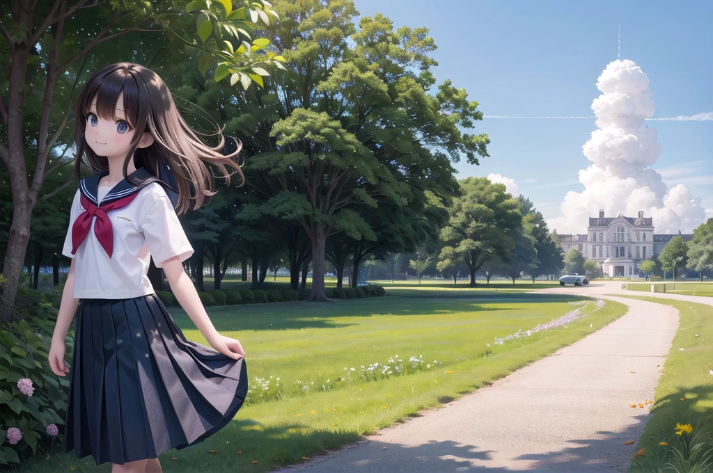 (masterpiece), town, blue sky, One Girl, smile, alone, Sailor suit、Long skirt, Overgrown, petal, plant、Skirt lining、Translucent slip、Nostalgic、Strong winds、Skirt fluttering in the wind