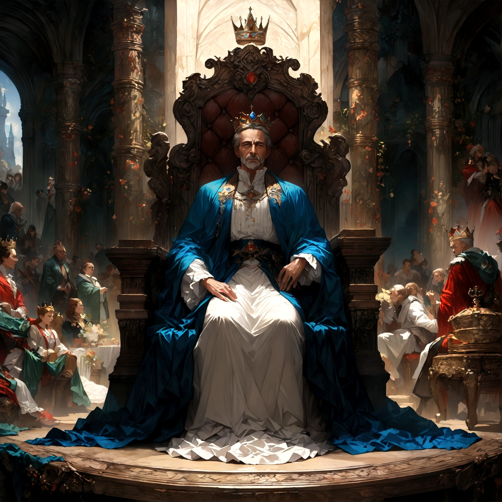 Throne room scenery,oil painting style,king sitting on the throne,Subjects prostrating,Subject's clothing details,There is a distance between the king's throne and his subjects.,BREAK,(The king is a middle-aged man,A king with absolute power who looks down on his subjects,He wears clothes and a cloak befitting a king.,the king wears a crown,He is a king with a cruel personality.,anatomically correct),BREAK,A painting depicting an era in history,paint with oil paint,structurally correct,create an artistic background,decadent,dark fantasy,awe,feeling of pressure,(masterpiece:1.3),(highest quality:1.4),(ultra detailed:1.5),High resolution,extremely detailed,unity 8k wallpaper